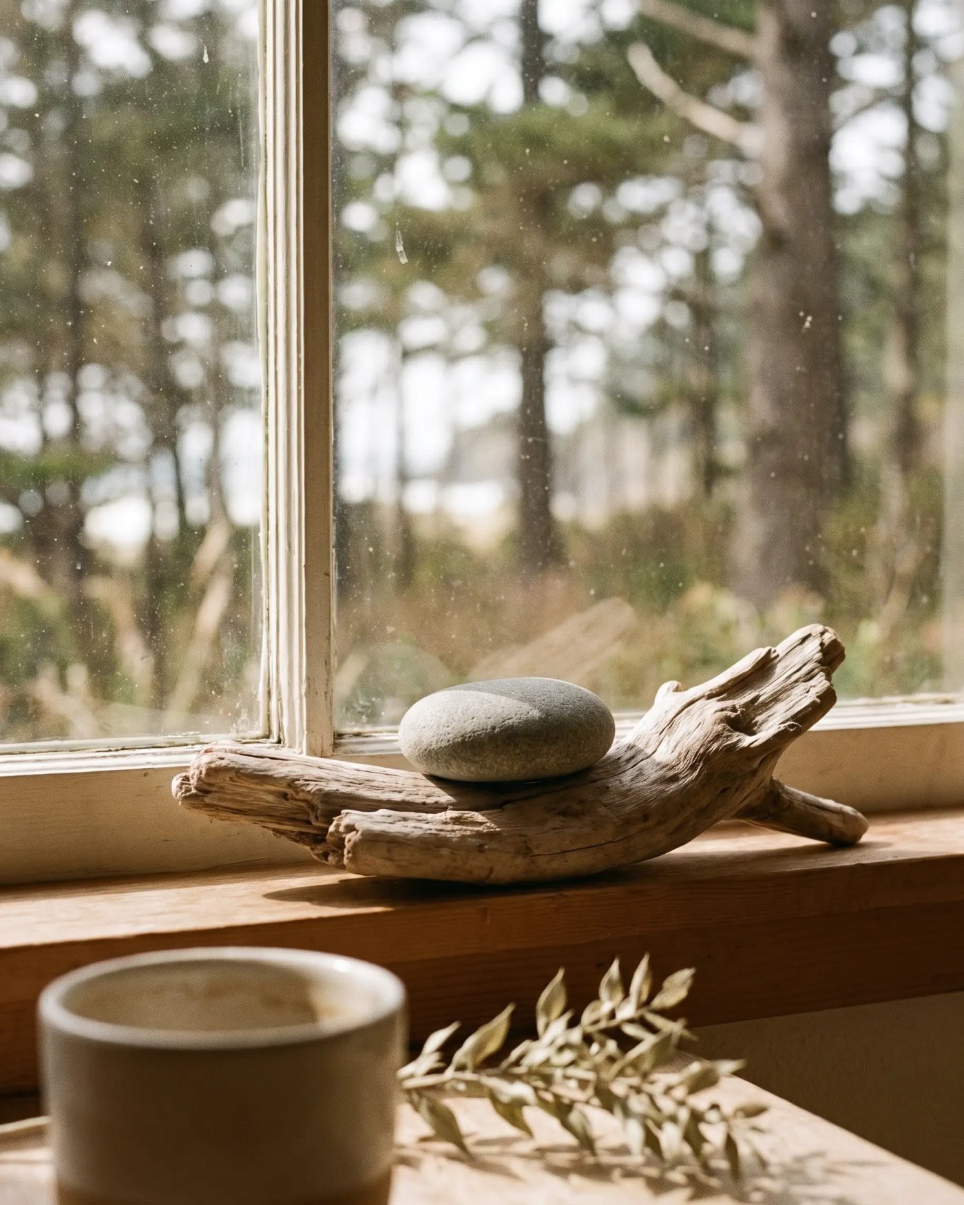 A smooth stone resting on driftwood, symbolizing stillness and reflection